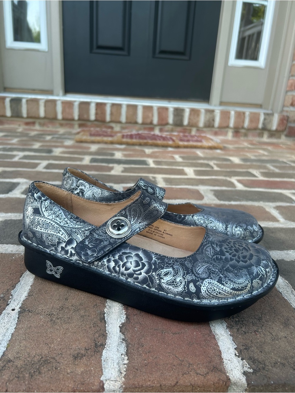Alegria Paloma Mary Jane Round Toe Shoes Silver Blue Paisley Floral Leather 41